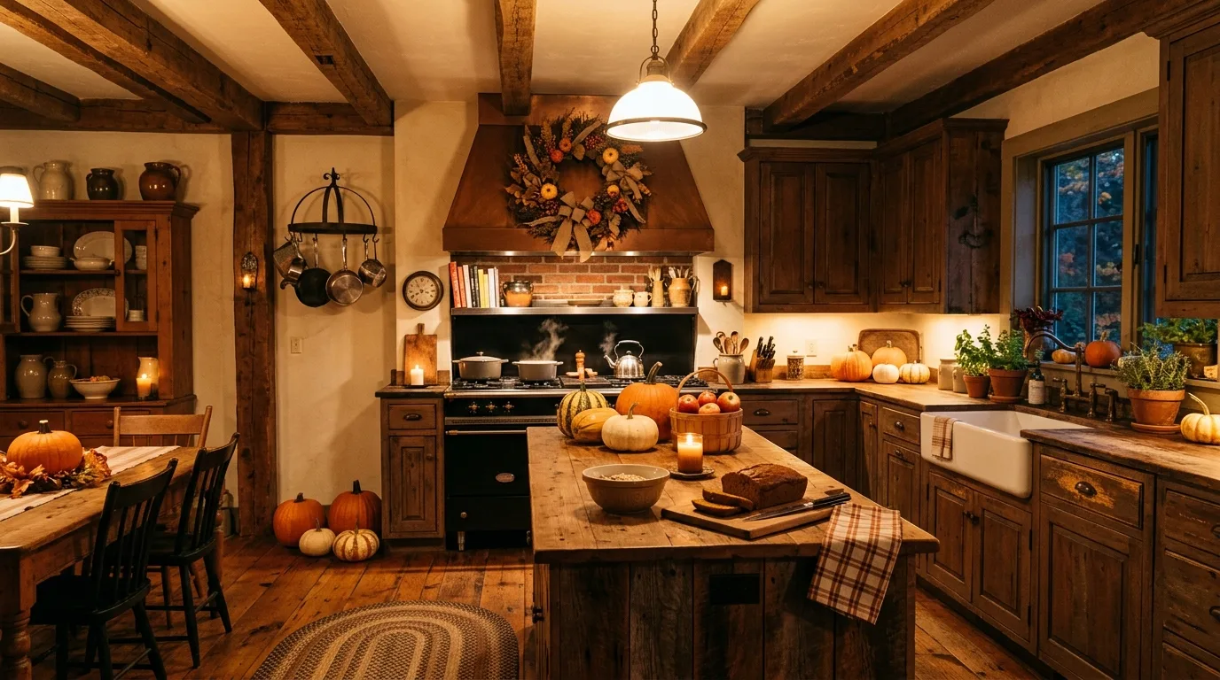 Rustic farmhouse kitchen decorated for fall